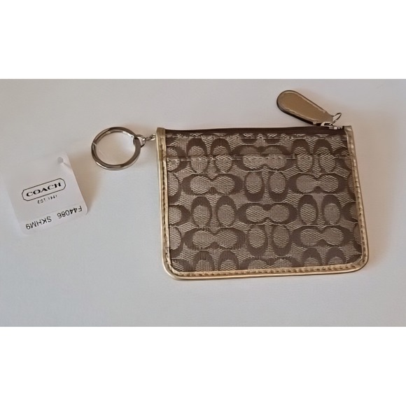 Coach‎ Signature Canvas Card Case Holder Coin Pouch Keychain Gold Trim - Picture 2 of 6